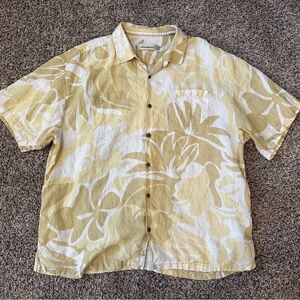 Tommy Bahama Yellow white Floral pattern 100& linen Men's Hawaiian Shirt XXL